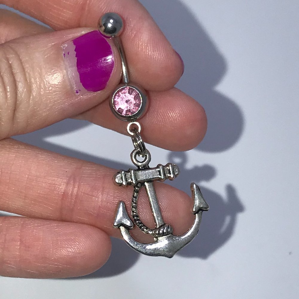 Large Anchor with Rope and Pink Gem Dangle Belly Ring